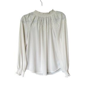 Loft  Embroidered Long Sleeve Boho Romantic Smocked High Neckline Blouse Sz PM